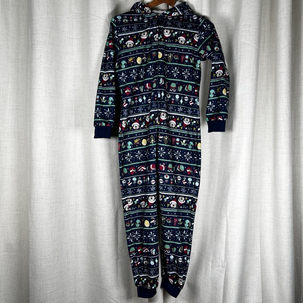 Disney Parks Mickey Mouse Christmas One Piece Zip Pajamas Hood Ears Youth Large